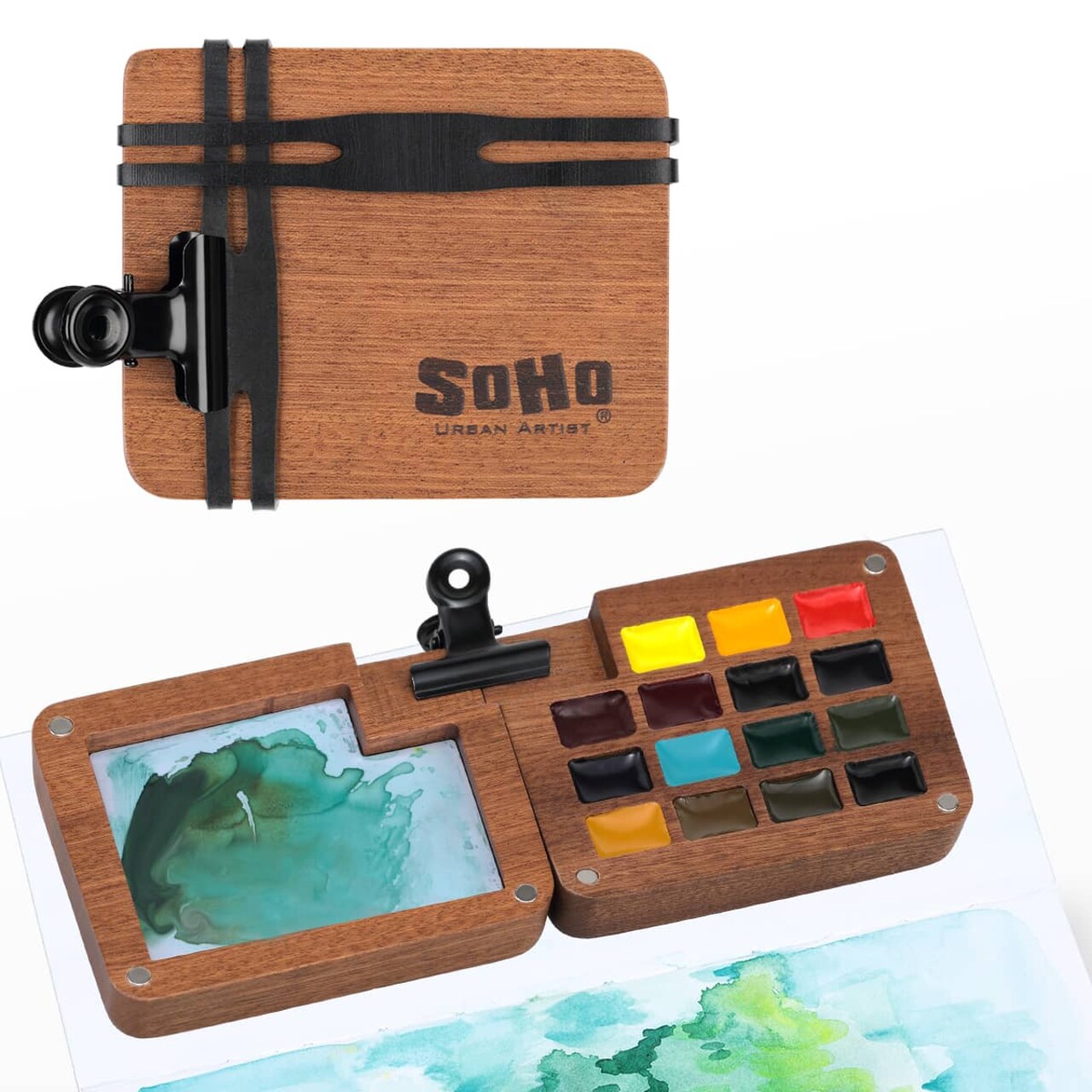SoHo Urban Artist Mini Wooden Travel Watercolor Set of 15 - Professional Watercolor Paint Set for Watercolorists & Plein Air Artists, Semi-Moist Pans, Pocket-Sized Magnetic Wood Case with Mixing Area